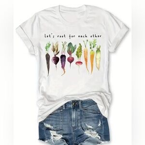 White Graphic Tee with Vegetables Print Large